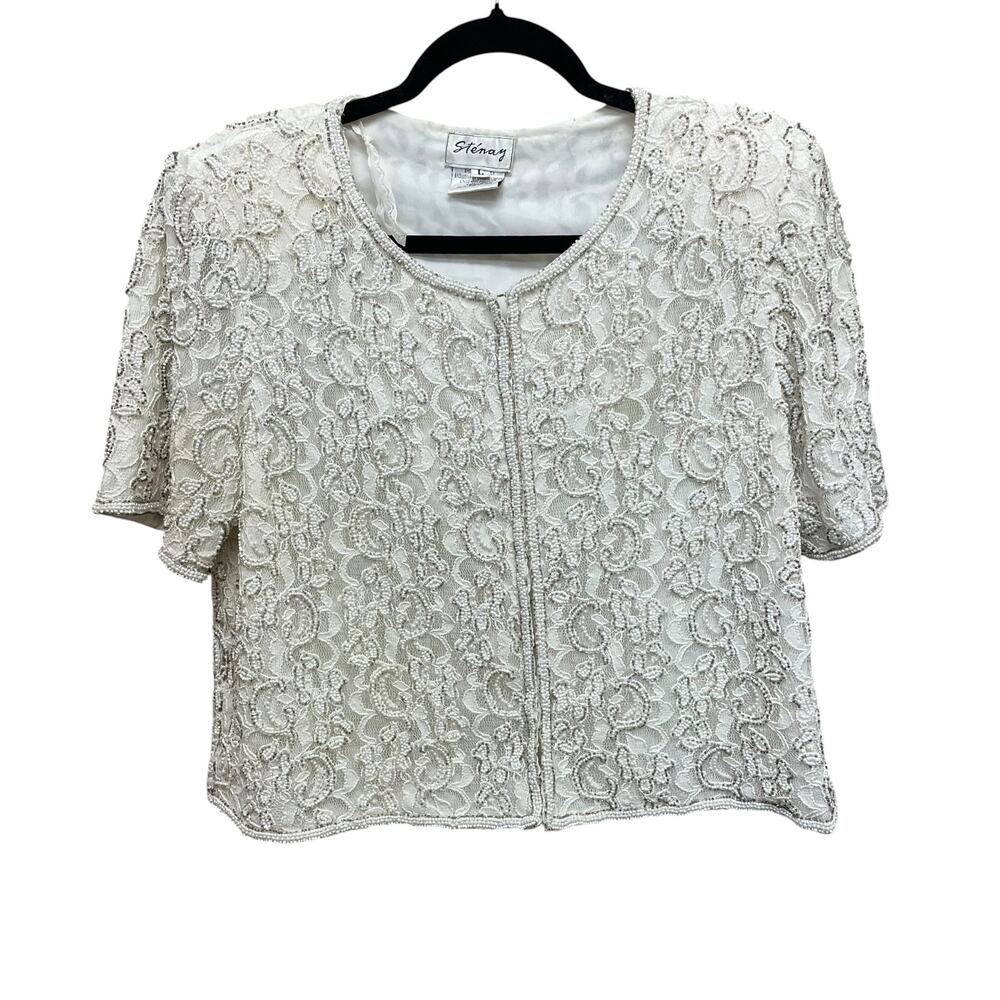 Vintage Stenay Floral Lace Beaded Short Sleeve Top White Womens Size Large